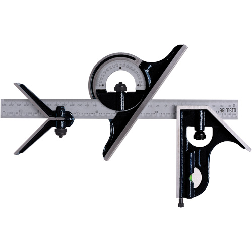 Combination Square Set with E/M Rule, 4 pcs., 1/64"/0.5 mm Graduations, Steel, Plain O-Max