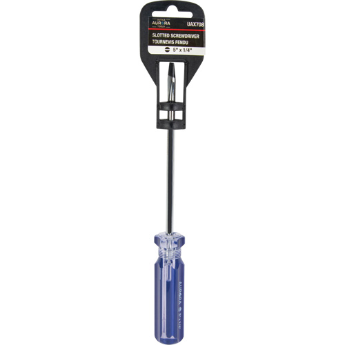 Tournevis &agrave; fente bleu transparent avec bandes, Tige de 1/4", Ronde, Prise en Plastique O-Max