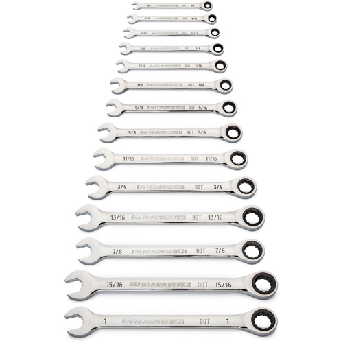 90-Tooth 12 Point SAE Wrench Set, Ratcheting Combination, 14 Pieces, Imperial O-Max