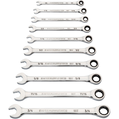 90-Tooth 12-Point Wrench Set, Ratcheting Combination, 10 Pieces, Imperial O-Max