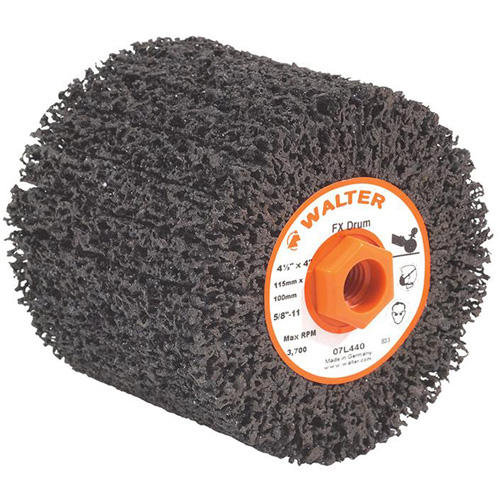 FX Cleaning & Finishing Drum, 4-1/4" Dia. x 4" W, 5/8"-11 Arbor, Coarse Grit O-Max