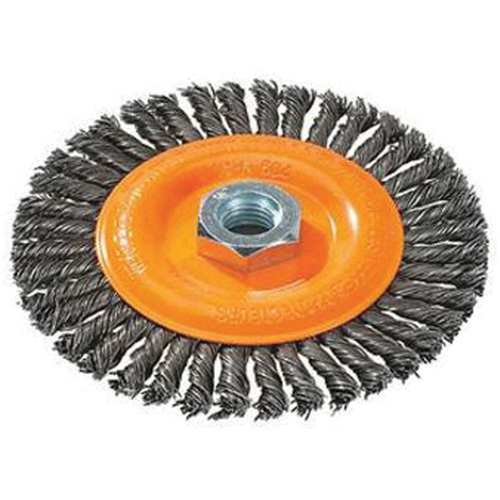 Brosse &agrave; fils nou&eacute;s pour cordons de soudure, Dia. 4", Fils 0,02", Arbre 5/8"-11, Acier O-Max