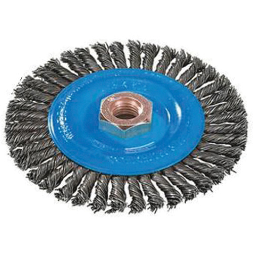 Brosse &agrave; fils nou&eacute;s pour cordons de soudure, Dia. 4", Fils 0,02", Arbre 5/8"-11, Aluminium/Acier inoxydable O-Max