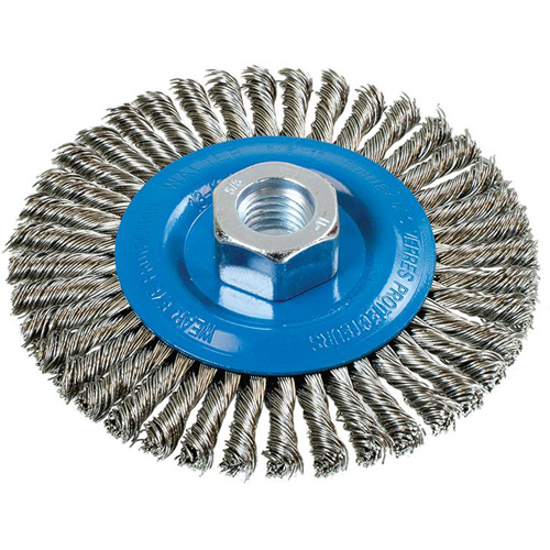 Brosse &agrave; fils nou&eacute;s pour cordons de soudure, Dia. 4-1/2", Fils 0,02", Arbre 5/8"-11, Aluminium/Acier inoxydable O-Max
