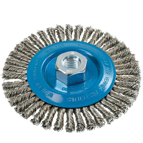 Brosse &agrave; fils &eacute;troits nou&eacute;s et torsad&eacute;s, Dia. 5", Fils 0,02", Arbre 5/8"-11, Aluminium/Acier inoxydable O-Max