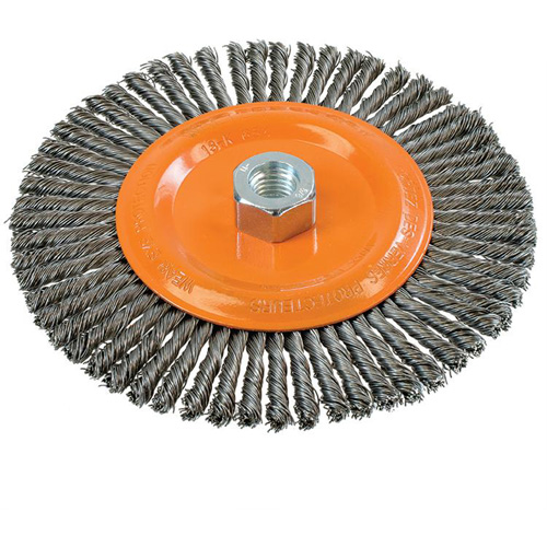 Brosse &agrave; fils nou&eacute;s pour cordons de soudure, Dia. 6-7/8'', Fils 0,02", Arbre 5/8"-11, Acier O-Max