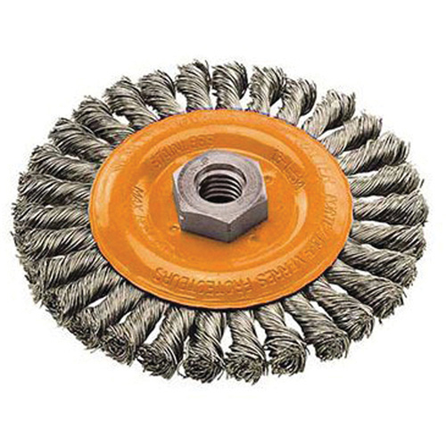 Wide Knotted Wire Wheel Brush, 4" Dia., 0.02" Fill, 5/8"-11 Arbor, Steel O-Max