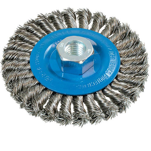 Brosse rotative &agrave; fils nou&eacute;s large, Dia. 4-1/2", Fils 0,02", Arbre 5/8"-11, Aluminium/Acier inoxydable O-Max