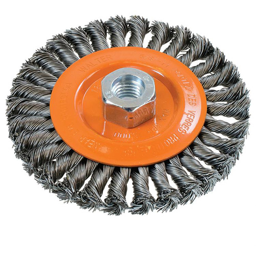 Brosse rotative &agrave; fils nou&eacute;s large, Dia. 5", Fils 0,02", Arbre 5/8"-11, Acier O-Max