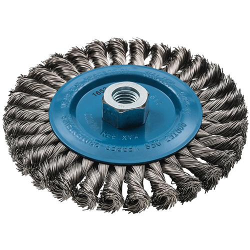 Brosse rotative &agrave; fils nou&eacute;s large, Dia. 6", Fils 0,02", Arbre 5/8"-11, Aluminium/Acier inoxydable O-Max