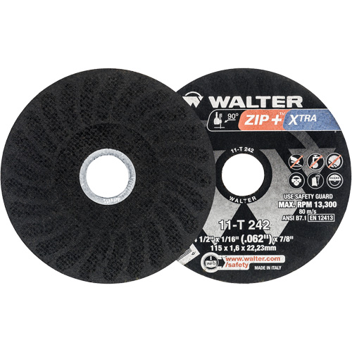 Meules &agrave; tronçonner renforc&eacute;es Zip+ pour meuleuse &agrave; angle droit, 4-1/2" x 1/16", Arbre de 7/8", Type 1, Alumine de zirconium, 13 300 Tr/min O-Max