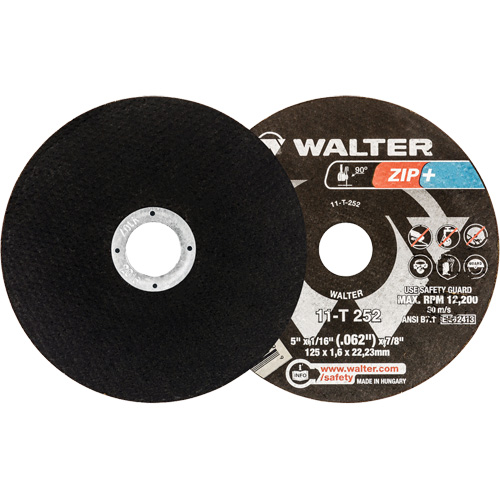 Meules &agrave; tronçonner renforc&eacute;es Zip+ pour meuleuse &agrave; angle droit, 5" x 1/16", Arbre de 7/8", Type 1, Alumine de zirconium, 12 200 Tr/min O-Max