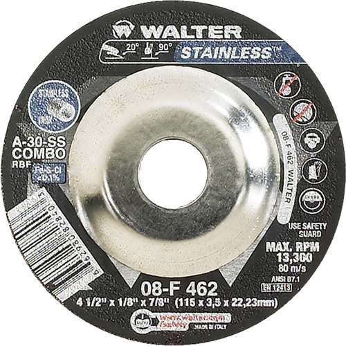 Meules &agrave; moyeu d&eacute;port&eacute; - Acier inoxydable type 27, 4-1/2" x 1/8", Arbre de 7/8", Type 27 O-Max