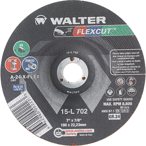Meules &agrave; moyeu d&eacute;port&eacute; Flexcut, 7", 24 Grain, Oxyde d'aluminium, 7/8", 8600 Tr/min, Type 29 O-Max