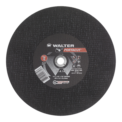 Meule &agrave; tronçonner rapide en acier inoxydable Portacut, 14" x 1/8", Arbre de 7/8", Type 1, Oxyde d'aluminium, 5400 Tr/min O-Max
