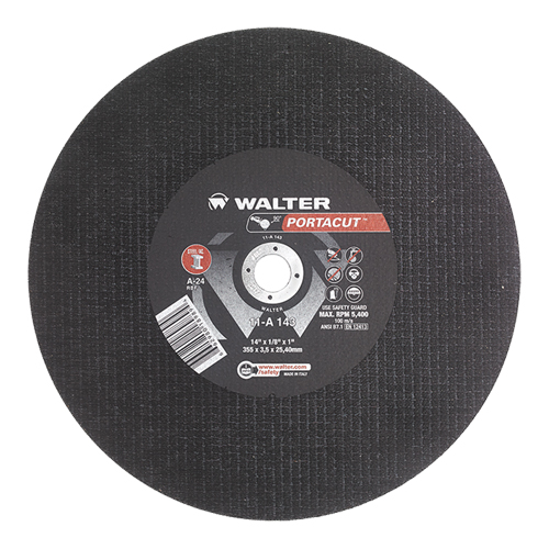 Meule &agrave; tronçonner rapide en acier inoxydable Portacut, 14" x 1/8", Arbre de 1", Type 1, Oxyde d'aluminium, 5400 Tr/min O-Max