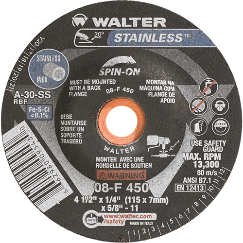 Meules &agrave; moyeu d&eacute;port&eacute; - Acier inoxydable type 27, 4-1/2" x 1/4", Arbre de 5/8"-11, Type 27S O-Max