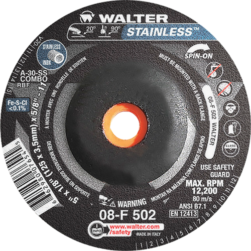 Meules &agrave; moyeu d&eacute;port&eacute; - Acier inoxydable type 27, 5" x 1/8", Arbre de 5/8"-11, Type 27S O-Max