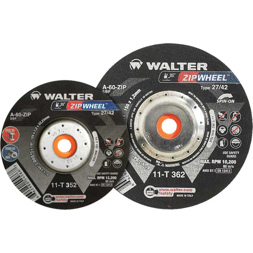 Spin-On Zipcut Right Angle Grinder Reinforced Cut-Off Wheels, 5" x 7/8", 5/8"-11 Arbor, Type 27, Aluminum Oxide, 12200 RPM O-Max