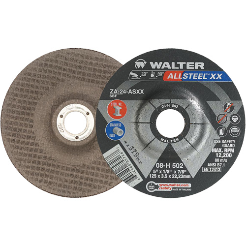 Meules &agrave; moyeu d&eacute;port&eacute; ALLSTEEL XX, 5" x 1/8", Arbre de 7/8", Type 27, Alumine de zirconium, 12 200 Tr/min O-Max