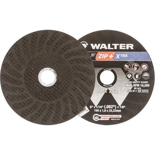 Zip+ Right Angle Grinder Reinforced Cut-Off Wheel, 6" x 1/16", 7/8" Arbor, Type 1, Aluminum Oxide, 10200 RPM O-Max