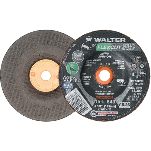 Meule FLEXCUT MILL SCALE, 4-1/2", 36 Grain, Oxyde d'aluminium, 5/8"-11, 13 300 Tr/min, Type 29 O-Max