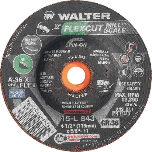 Meule FLEXCUT MILL SCALE, 4-1/2", 36 Grain, Oxyde d'aluminium, 5/8"-11, 13 300 Tr/min, Type 29 O-Max
