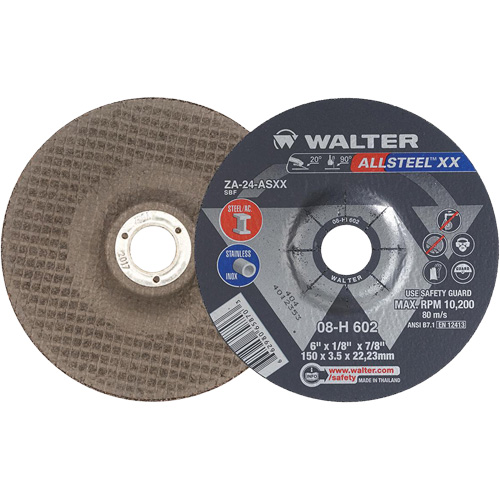 Depressed Centre Grinding Wheels - Allsteel XX, 6" x 1/8", 7/8" Arbor, Type 27, Zirconia Alumina, 10200 RPM O-Max