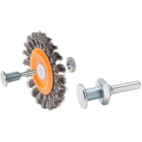 Brosse rotative mont&eacute;e &agrave; fils nou&eacute;s torsad&eacute;s r&eacute;versible, Dia. 4", Fils 0,0118", Arbre 5/8", Acier O-Max