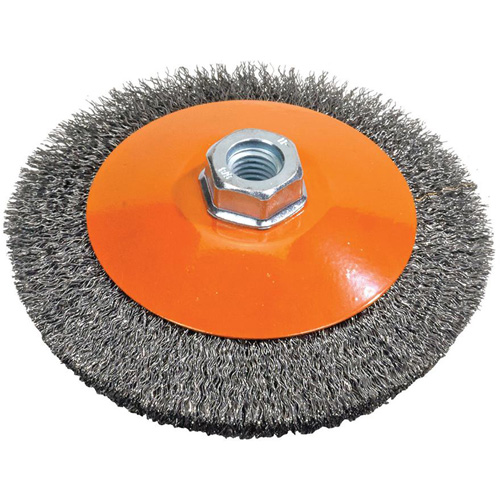 Meule soucoupe &agrave; fils cr&ecirc;p&eacute;s, 6" dia., Fils 0,012", Arbre 5/8"-11 O-Max