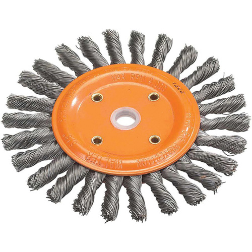 Disque &agrave; fils nou&eacute;s torsad&eacute;s d'&eacute;tabli, Dia. 6", Fils 0,0118", Arbre 5/8", Acier O-Max