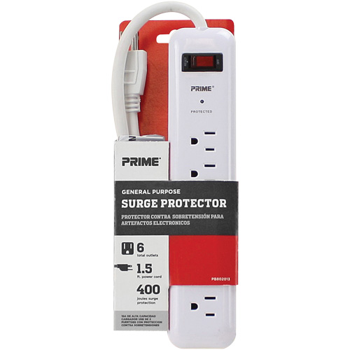 Surge Protector, 6 Outlets, 400 J, 1875 W, 2' Cord O-Max
