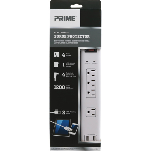 Limiteurs de surtension avec chargeur USB, 4 Prises, 1200 J, 1875 W, Cordon 4' O-Max