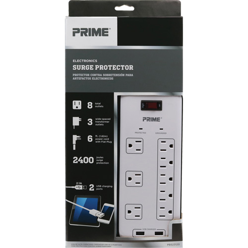 USB Charging Surge Protectors, 8 Outlets, 2400 J, 1875 W, 6' Cord O-Max