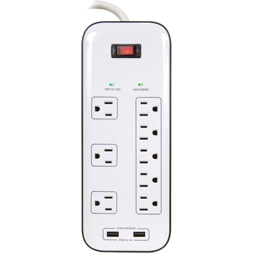 USB Charging Surge Protectors, 8 Outlets, 2400 J, 1875 W, 6' Cord O-Max