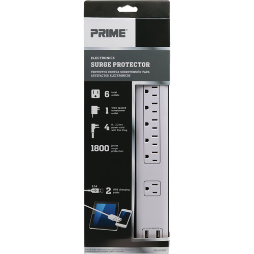 Limiteurs de surtension avec chargeur USB, 6 Prises, 1800 J, 1875 W, Cordon 4' O-Max