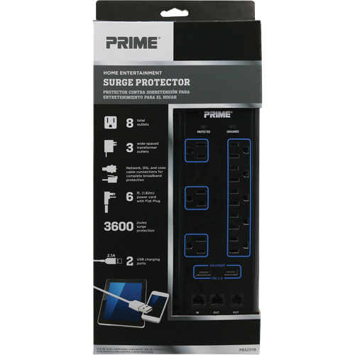 USB Charging Surge Protectors, 8 Outlets, 3600 J, 1875 W, 6' Cord O-Max