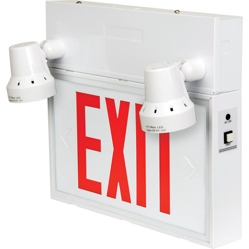 Exit Sign with Security Lights, LED, Battery Operated/Hardwired, 12-1/10" L x 11" W, English O-Max