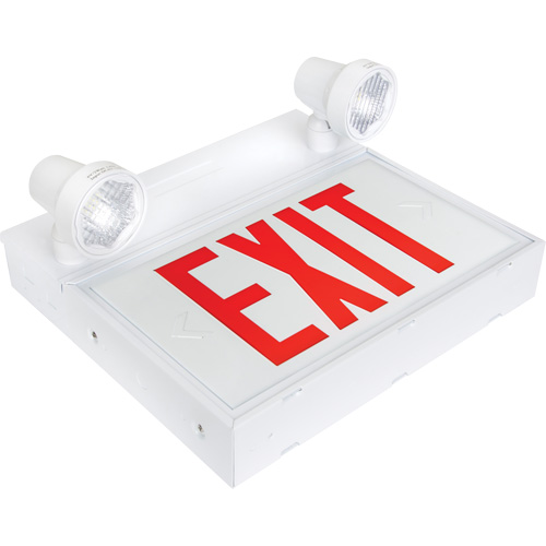 Exit Sign with Security Lights, LED, Battery Operated/Hardwired, 12-1/10" L x 11" W, English O-Max