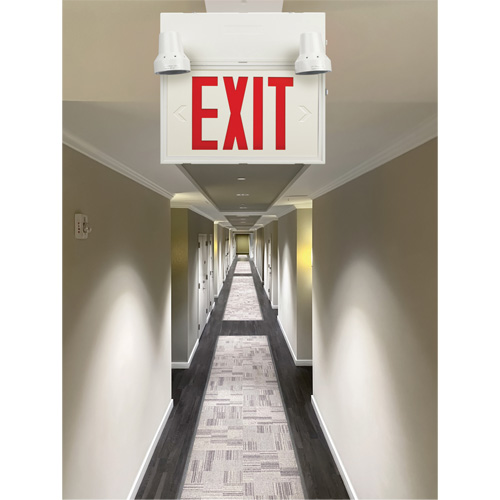 Exit Sign with Security Lights, LED, Battery Operated/Hardwired, 12-1/10" L x 11" W, English O-Max