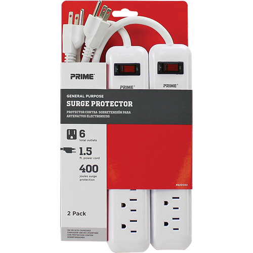 Barre multiprise limiteur de surtension, paquet de 2, 6 Prises, 400 J, 1875 W, Cordon 1,5' O-Max