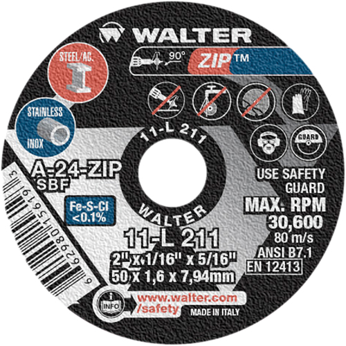 Meule &agrave; tronçonner Zip, 2" x 1/16", Arbre de 5/16", Type 1, Oxyde d'aluminium, 5100 Tr/min O-Max