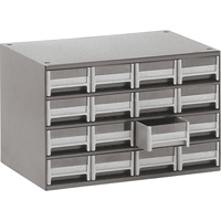 Modular Parts Cabinets, Steel, 16 Drawers, 17" x 10-9/16" x 2-1/8", Grey O-Max
