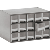 Modular Parts Cabinets, Steel, 15 Drawers, 17" x 10-9/16" x 3-1/16", Grey O-Max
