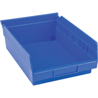 Plastic Shelf Bins, 8-3/8" W x 4" H x 11-5/8" D, Blue, 15 lbs. Capacity O-Max