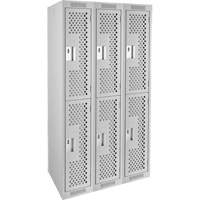 Clean Line Lockers, 2 -tier, Bank of 3, 36" x 15" x 72", Steel, Grey, Rivet (Assembled), Perforated O-Max