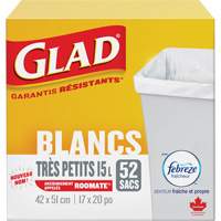 Tr&egrave;s petits sacs &agrave; ordures 15 L avec Febreze, R&eacute;gulier, 17" la x 20" lo, Blanc O-Max