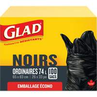 Sacs &agrave; ordures 74 L, R&eacute;gulier, 26" la x 33" lo, Noir O-Max