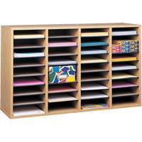 Adjustable Compartment Literature Organizer, Stationary, 36 Slots, Wood, 39-1/4" W x 11-3/4" D x 24" H O-Max