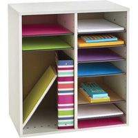 Adjustable Compartment Literature Organizer, Stationary, 16 Slots, Wood, 19-1/2" W x 11-3/4" D x 21" H O-Max